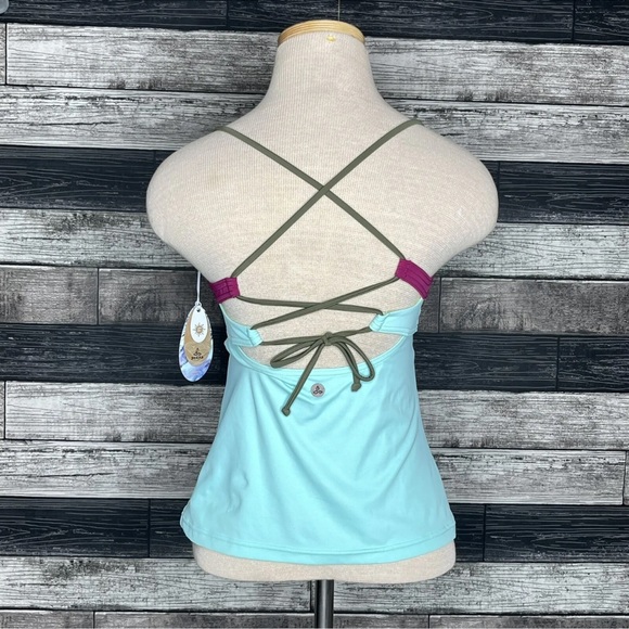 PrAna Makoa Tankini Swim Top Size XS Blue Colorblock Tie Back Stretch Logo NEW - Picture 3 of 10